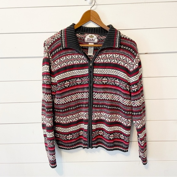 Tiara International | Vintage 2000’s Fair Isle Full Zip Cardigan Knit Sweater M - Picture 1 of 6